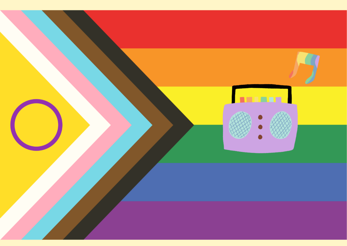 Un poste de radio sur un fond de drapeau LGBTQIA+